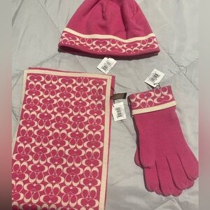 Coach Pink and Cream Scarf, Hat, and Gloves Set